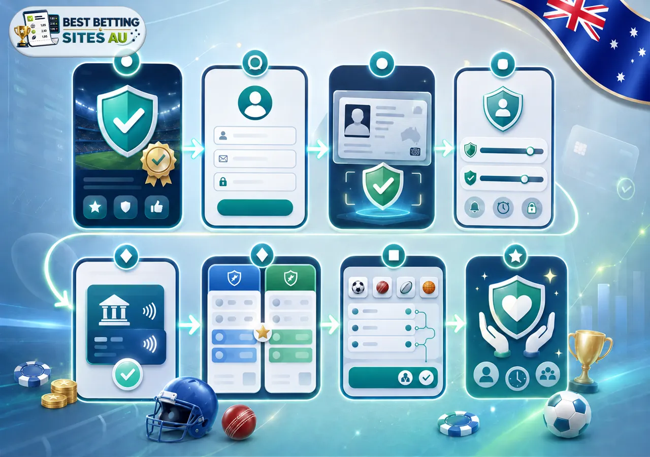 Mobile betting apps in Australia with multiple sportsbook phones, live betting screens, location icon, ratings, and notifications.