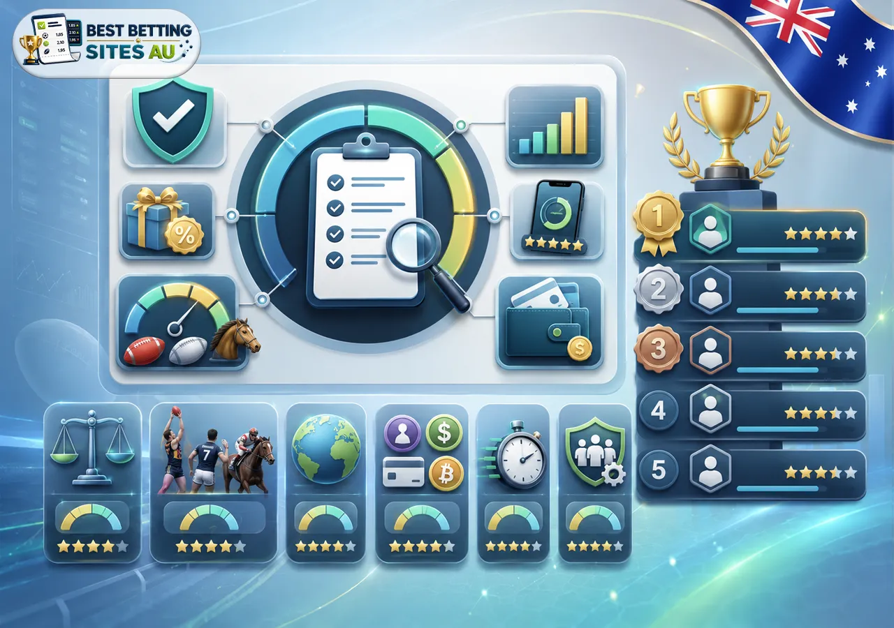 Good betting site features in Australia with safety shield, legal checklist, ratings, mobile app, and sportsbook review panels.