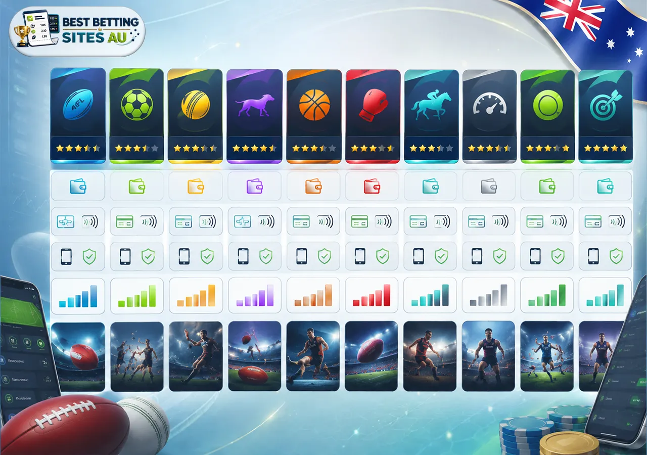 Best betting sites AU illustration with sportsbook dashboard, sports cards, Australian map, mobile app, and betting balls.