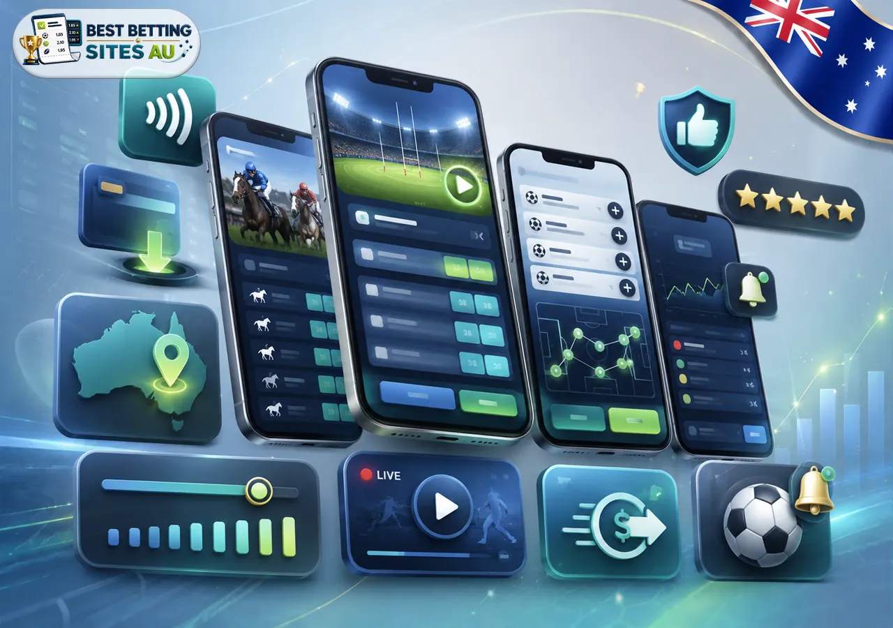 Secure deposits and withdrawals at Australian betting sites with payment dashboard, cards, wallet, bank slip, and lock icons.